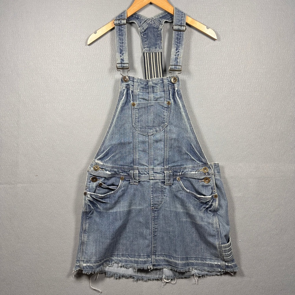 True People Denim Overall Skirt Medium Wash Distressed Frayed Hem Size 13